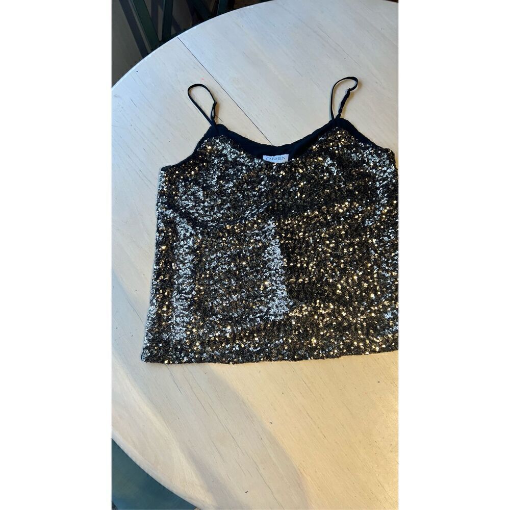 Carmen Marc Valvo Black Gold Sequin Spaghetti Strap Camisole Blouse SZ S (4/6)